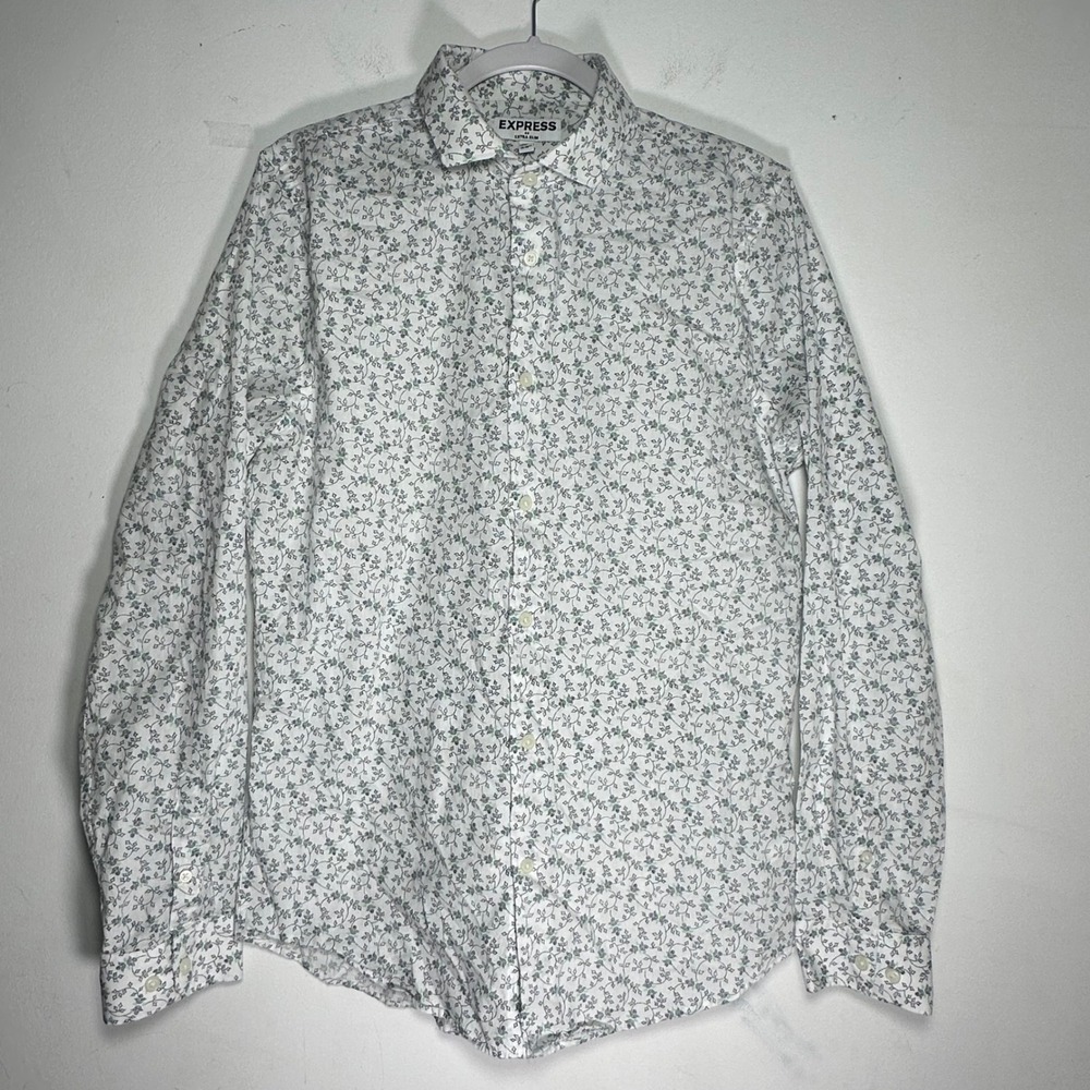 Express Extra Slim Mens Dress Shirt M 15-15.5 White Green Floral Long Sleeve NEW